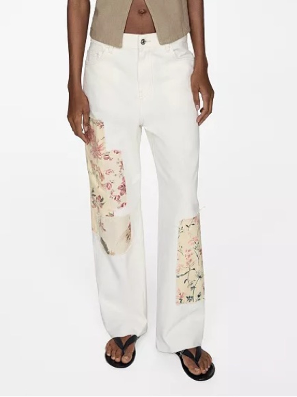 Mango Nina Floral Patchwork Jeans White Denim Straight Leg NWT Boho Cottagecore